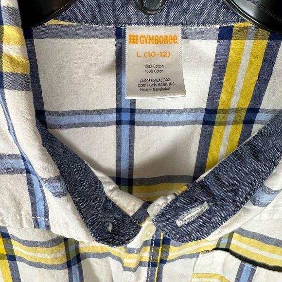 Gymboree Boy Button Down Short Sleeve Plaid Shirt Top Yellow, White Blue L 10/12 - Picture 3 of 6